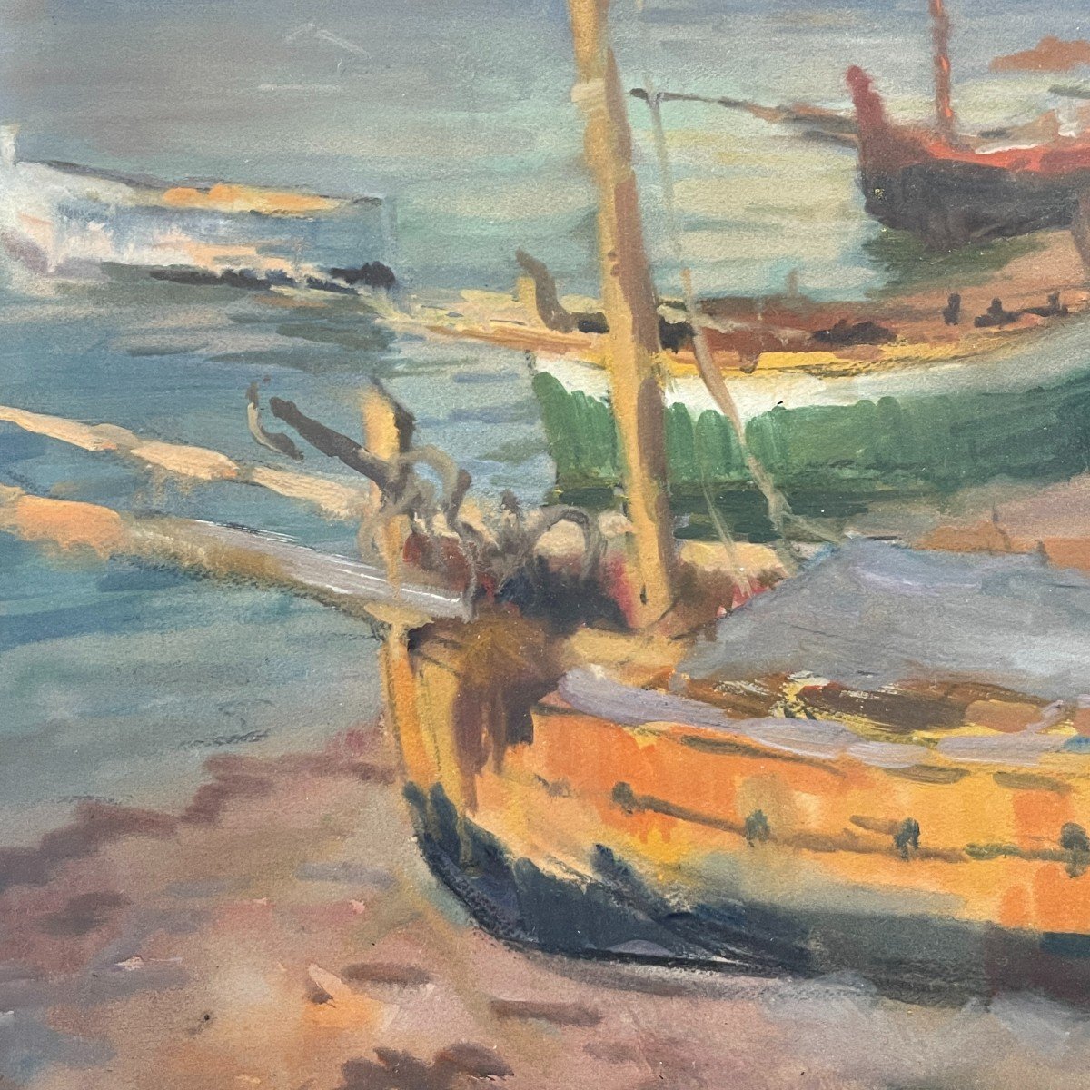 Jules Van De Leene, Painting "beached Barques", Gouache On Cardboard, Ca 1920-photo-1